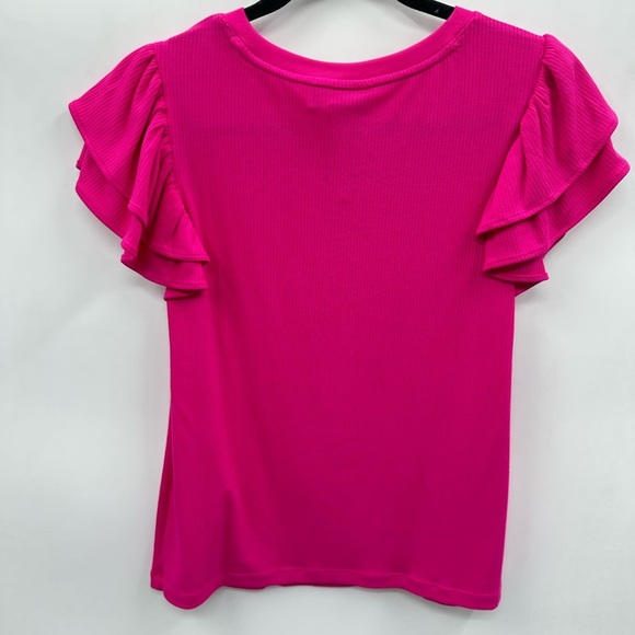 ON 34th Pink ribbed woman Flutter sleeve ribbed shabby chic summer top NWT L - Picture 3 of 13